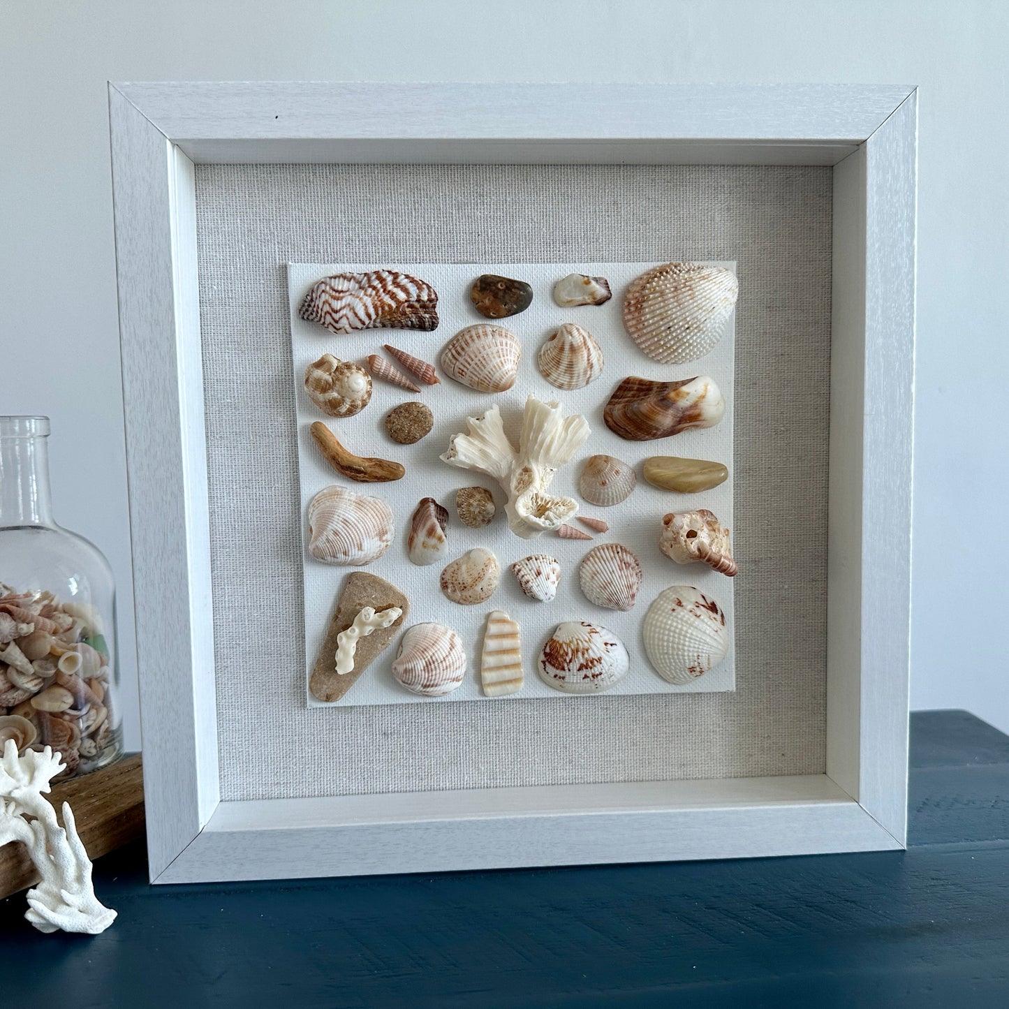 Seashell art 9x9 shadow box whites, browns, orange by Jacqueline bergeron jacqueline mb designs