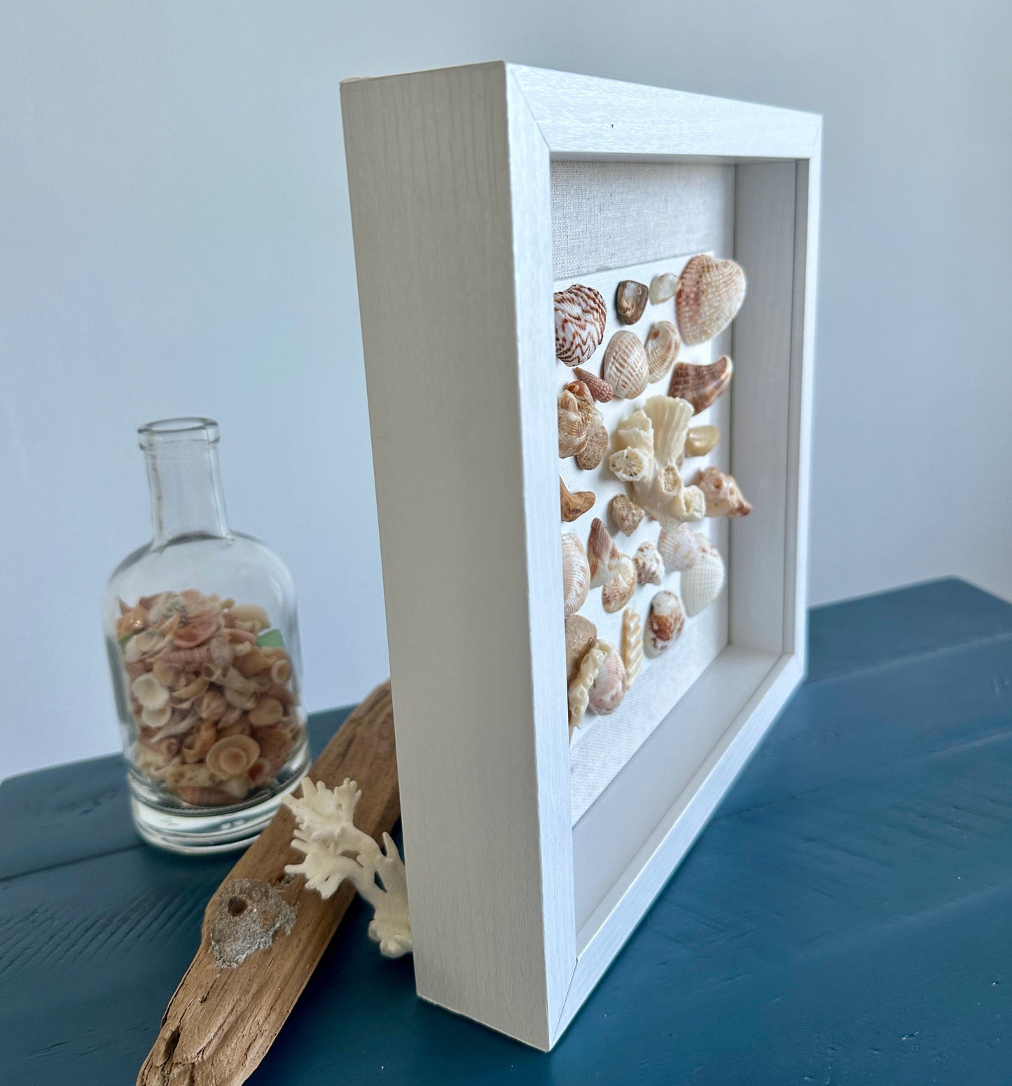 Seashell art 9x9 shadow box whites, browns, orange side view Jacqueline Bergeron