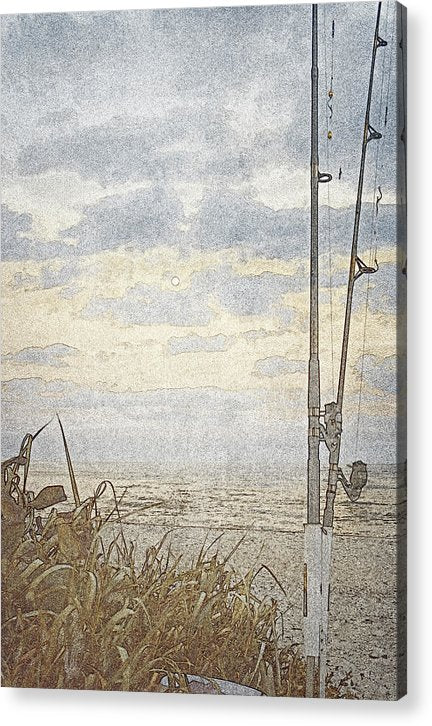 moon rises as fishing poles rest acrylic print by jacqueline mb designs