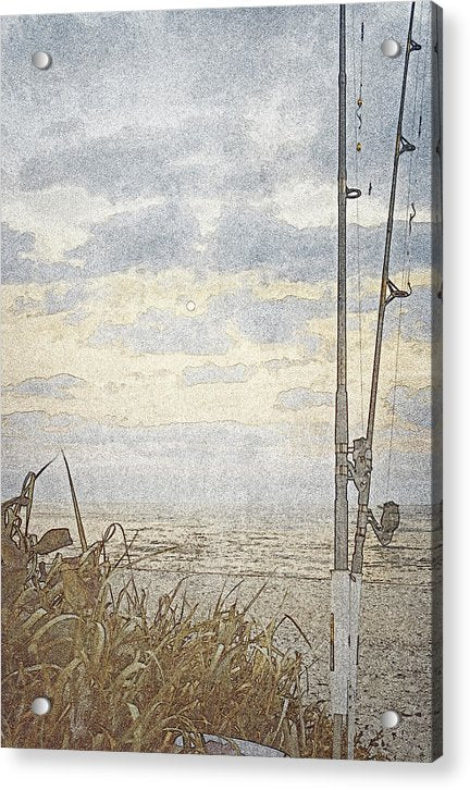 moon rises as fishing poles rest acrylic print with posts by jacqueline mb designs