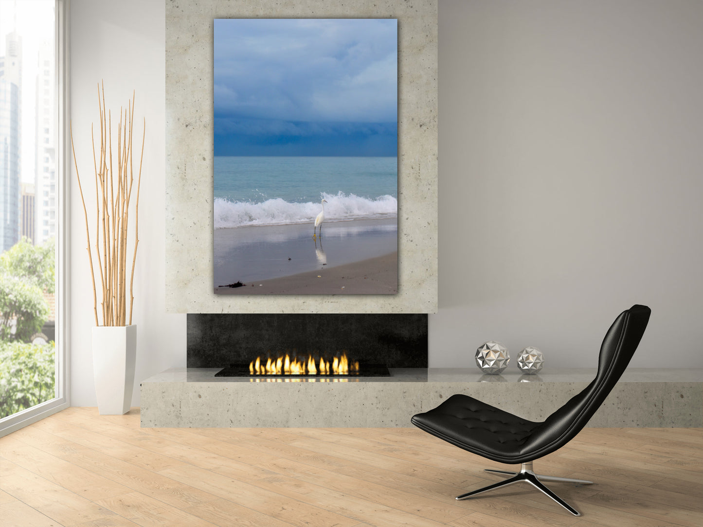 egret reflection at seaside canvas print home & office decor by Jacqueline MB designs