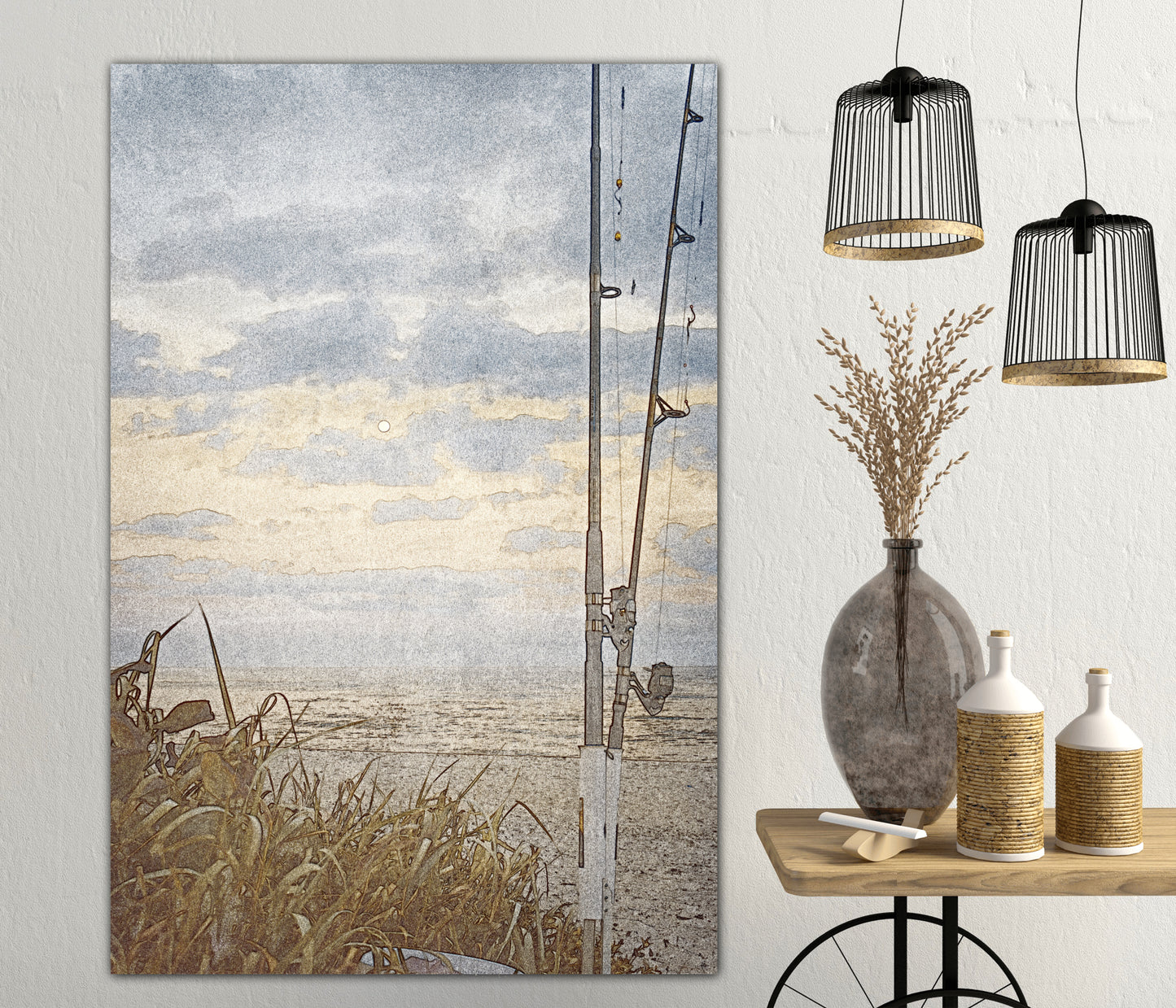 moon rises as fishing poles rest acrylic print home decor by jacqueline mb designs