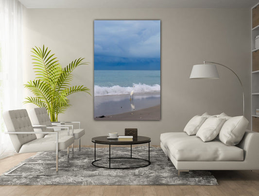 egret reflection at seaside canvas print home decor by Jacqueline MB designs