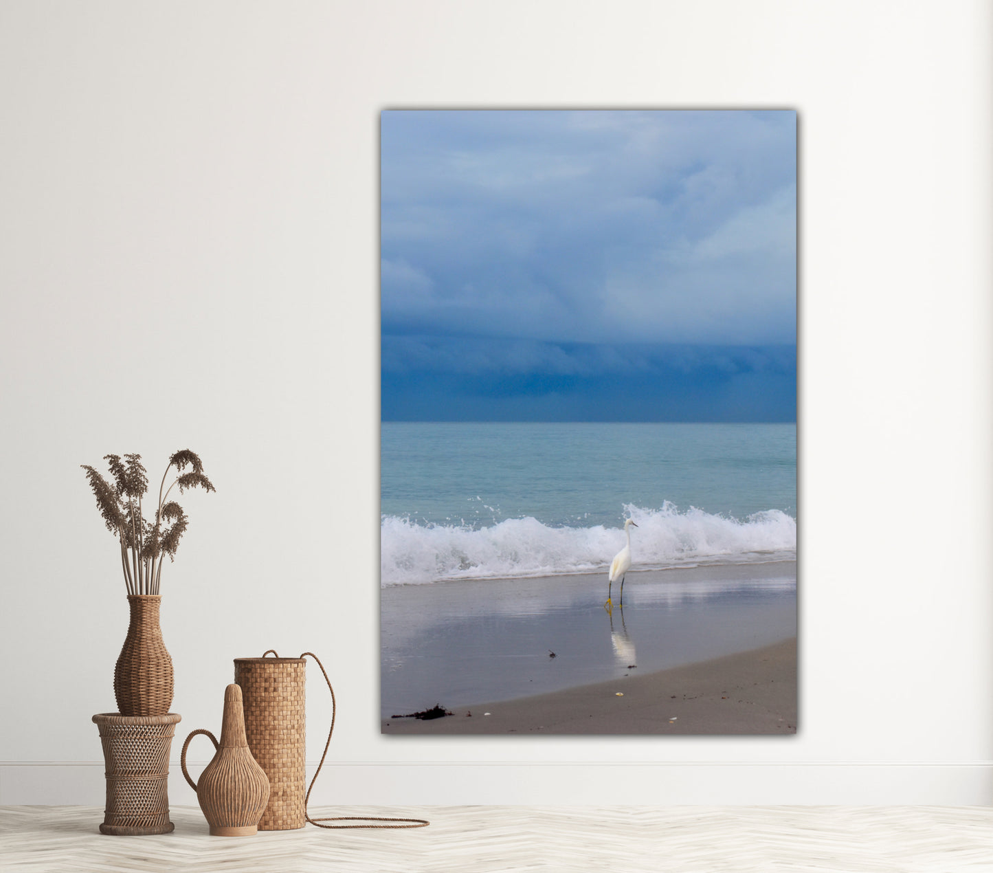 egret reflection at seaside canvas print wall decor by Jacqueline MB designs