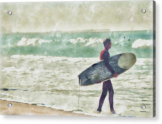heading out to surf mission beach ca acrylic print by jacqueline mb designs