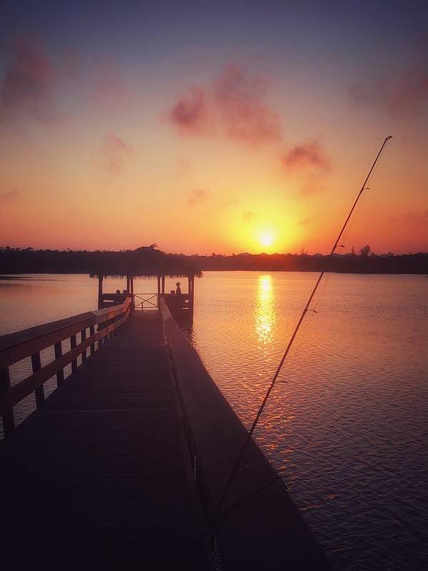 Lazy Night Fishing off the Pier at Sunset - Art Print