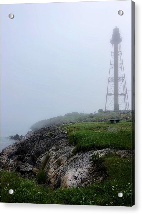 marblehead lighthouse in fog acrylic print with posts  by jacqueline mb designs