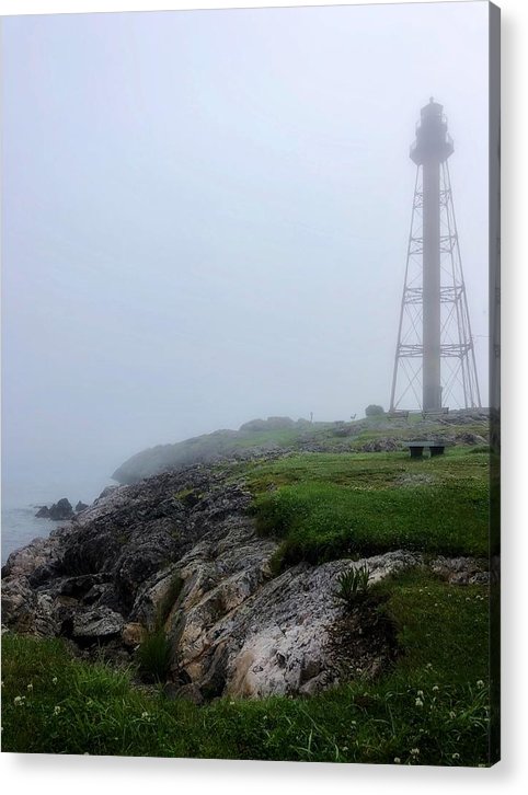 marblehead lighthouse in fog acrylic print by jacqueline mb designs