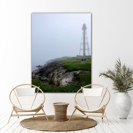 marblehead lighthouse in the fog canvas print home decor by jacqueline mb designs