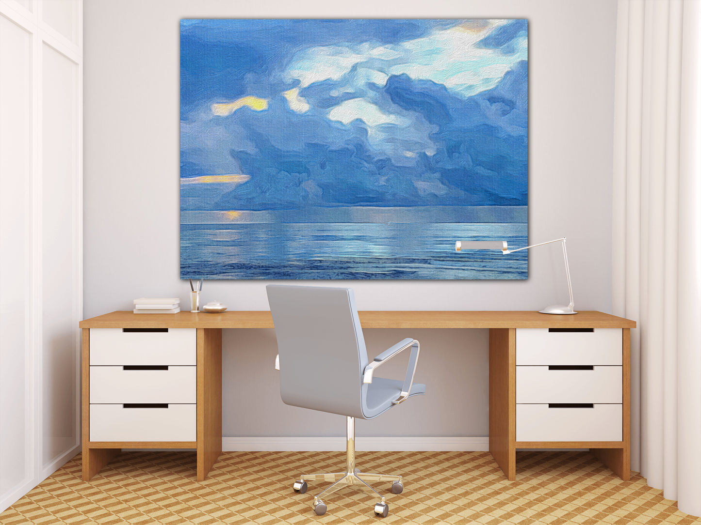 rain clouds over the sea acrylic print for home or office decor by jacqueline mb designs