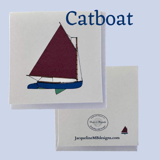 greeting cards 3x3" image of a classic catboat by jacqueline mb designs