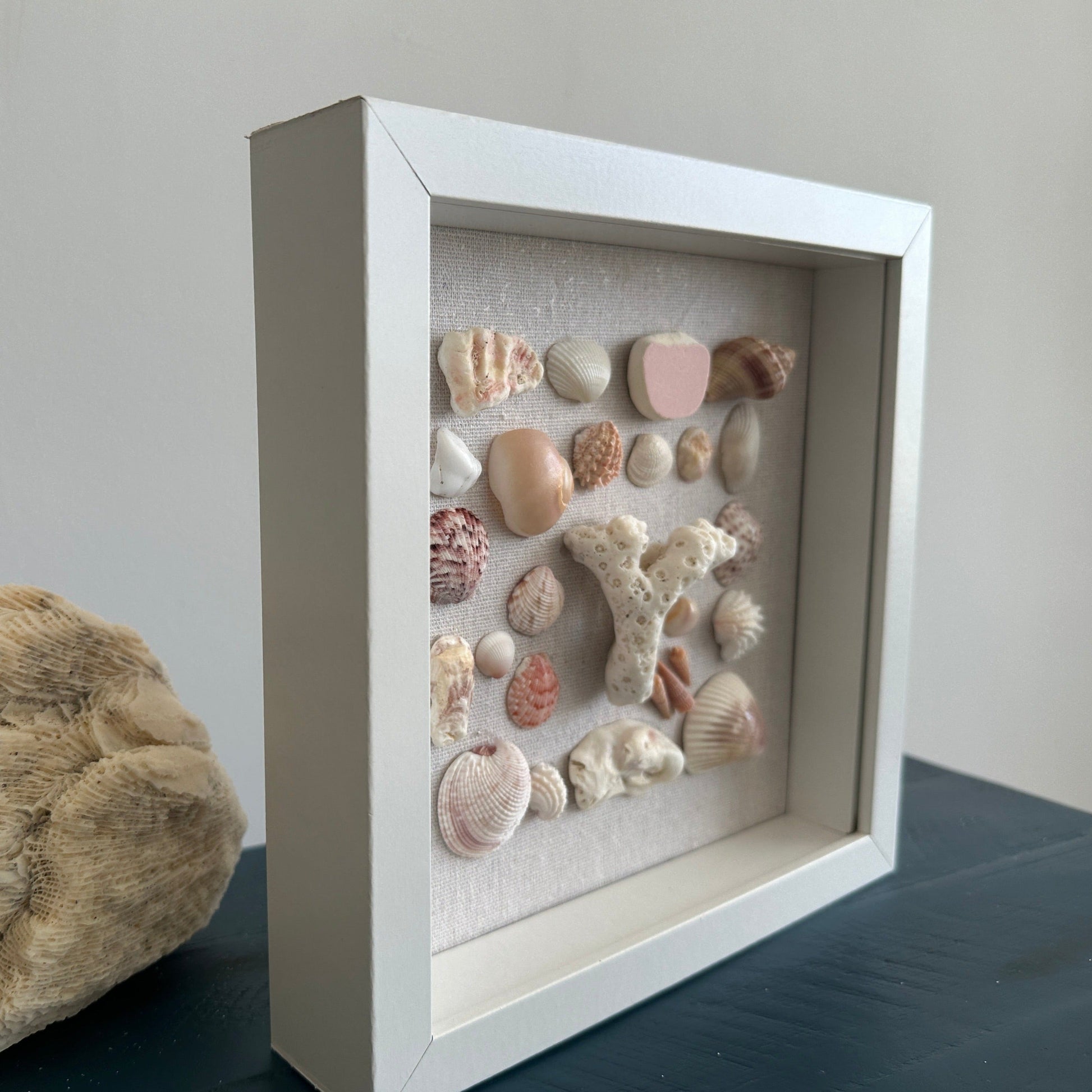 8x8 seashell shadow box in pinks and white by jacqueline mb designs side view 