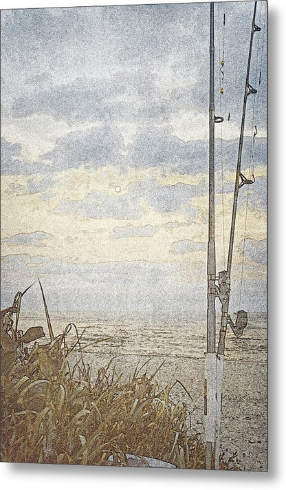 Fishing Poles Rest by the Shore - Classic Metal Print