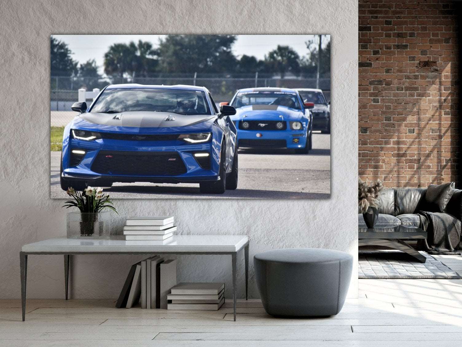 Camaro and Mustang Heading for Track - Classic Metal Print