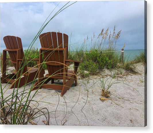 adirondack chairs with an ocean view acrylic print by jacqueline mb designs 