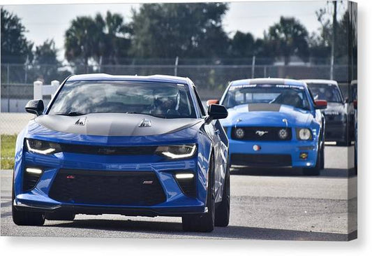 Camaro and Mustang Heading for Track - Classic Canvas Print