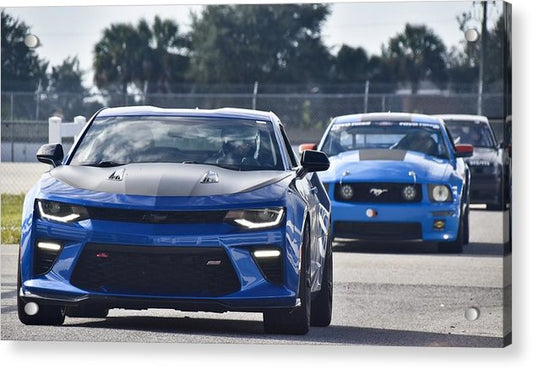 Camaro and Mustang Heading for Track - Classic Acrylic Print
