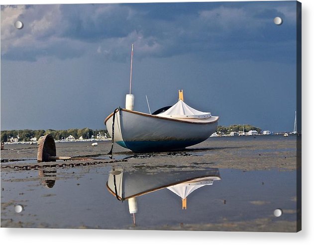classic wooden boat reflection acrylic print with posts by jacqueline mb designs 