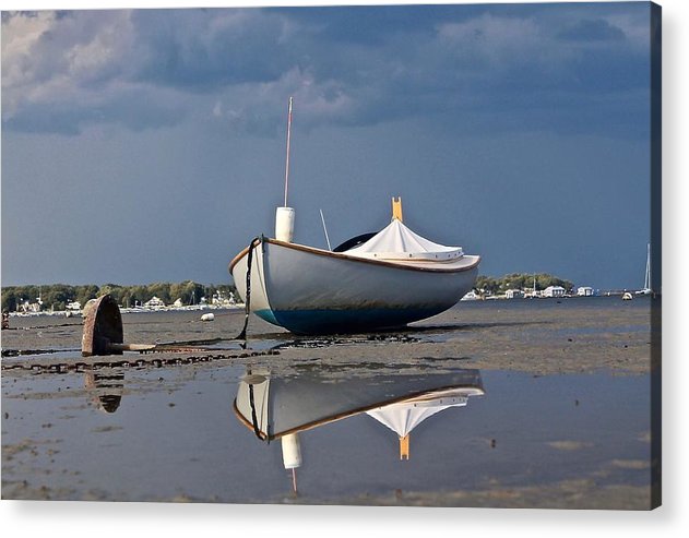 classic wooden boat reflection acrylic print by jacqueline mb designs 
