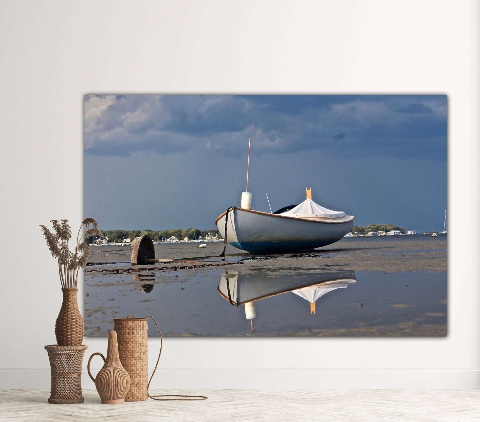 classic wooden boat reflection duxbury bay wall art jacqueline mb designs