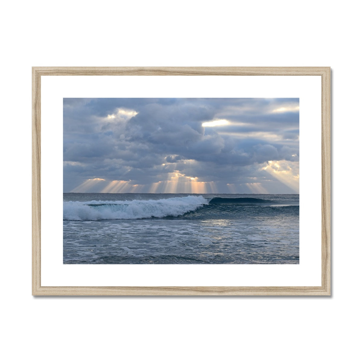 24x18 matted and natural wood frame print clouds waves rays by jacqueline mb designs 