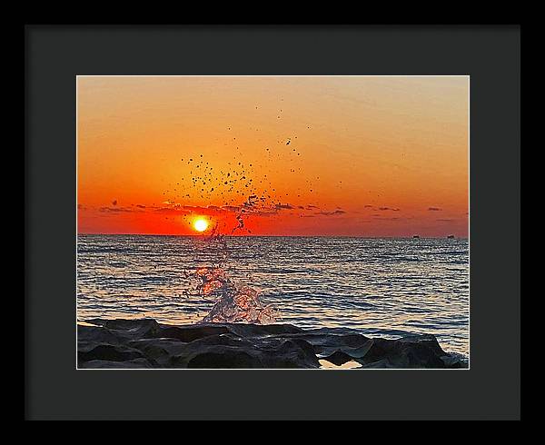 Droplets of a wave dancing Sunrise - Framed Print