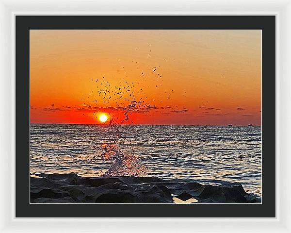 Droplets of a wave dancing Sunrise - Framed Print