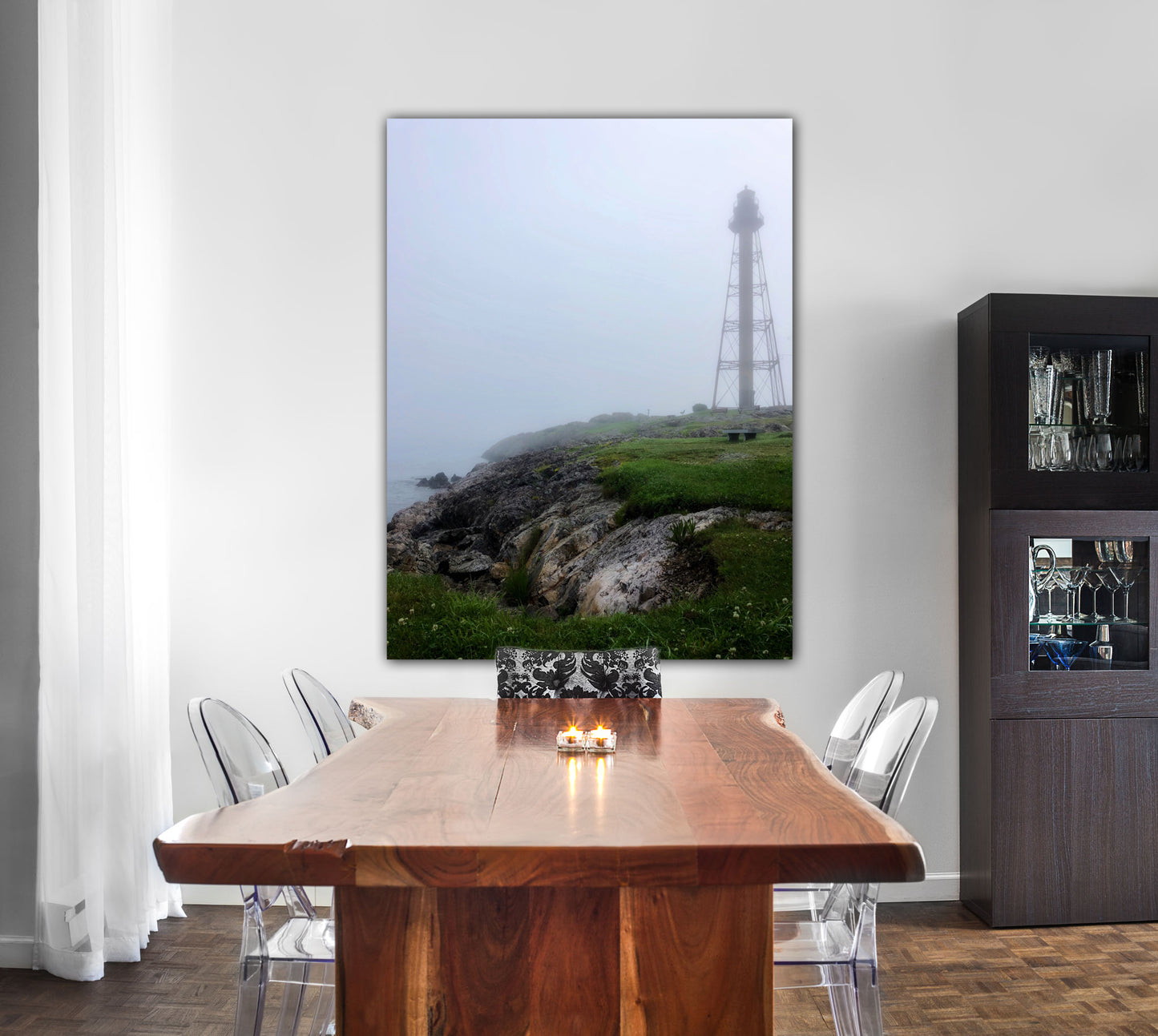 marblehead lighthouse in the fog metal print home decor  by jacqueline mb designs