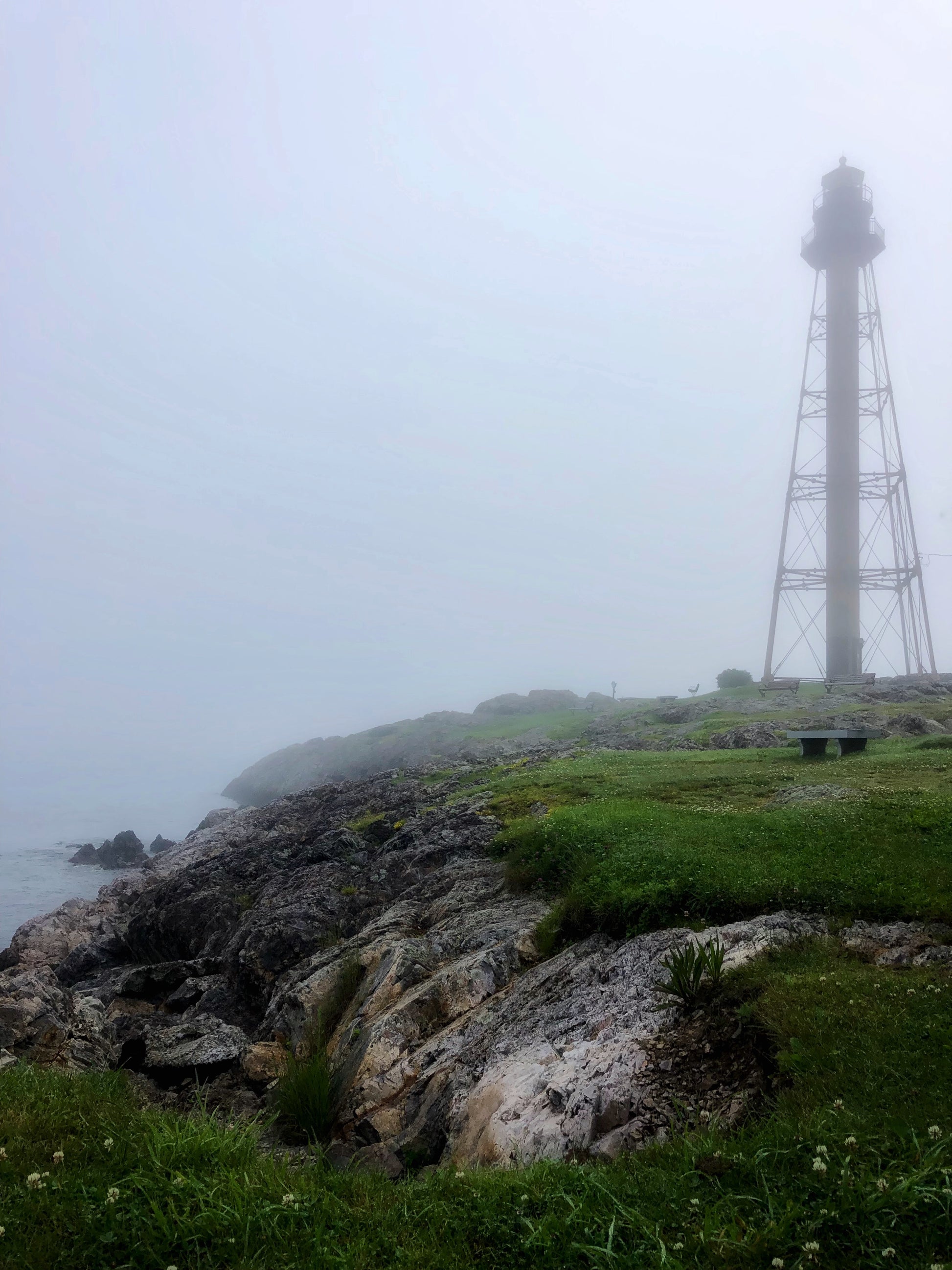 marblehead lighthouse in the fog  print by jacqueline mb designs 