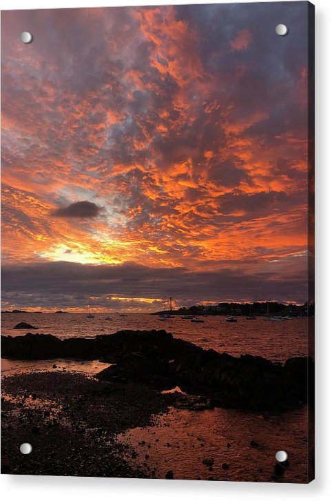 red sky sunrise over marblehead acrylic print with posts  by jacqueline mb designs 