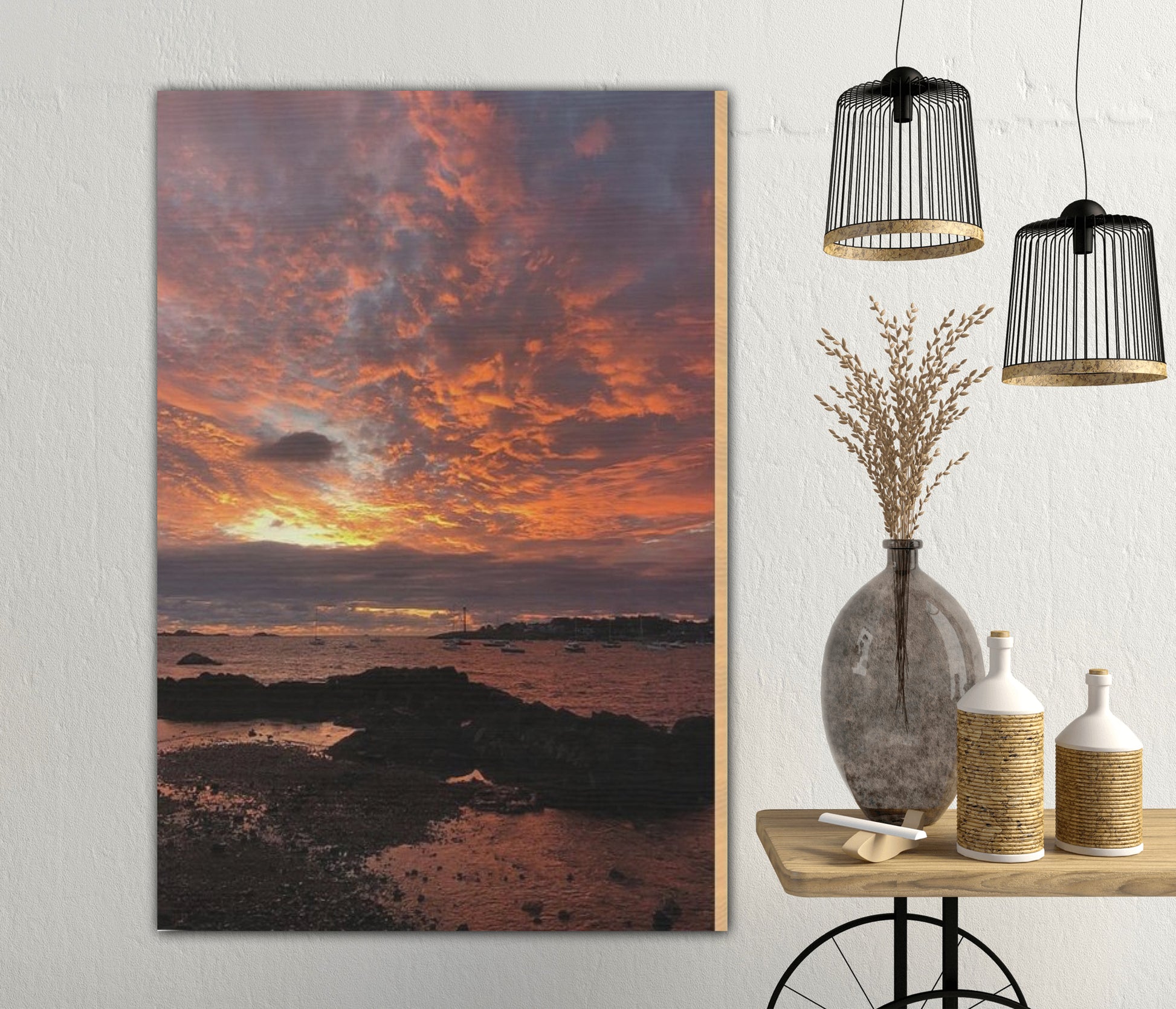red sky over Marblehead Wood print home decor by jacqueline mb designs 