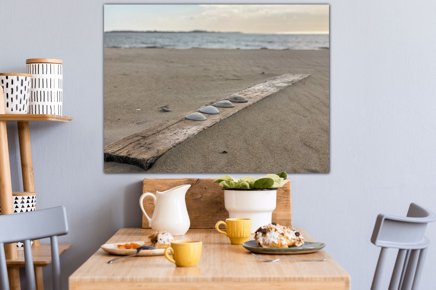 Shells in a row on Driftwood at Beach - Classic Metal Print