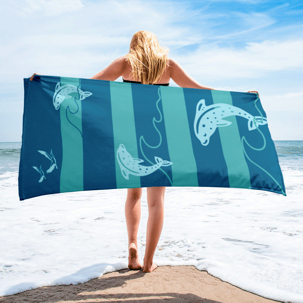 Dolphins Jumping in the waves - Beach Towel