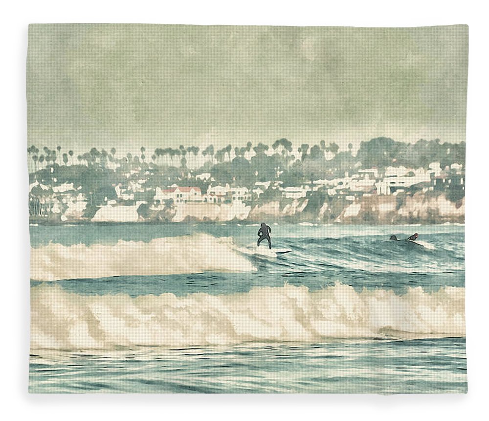 surfing the wave mission beach fleece blanket by jacqueline mb designs