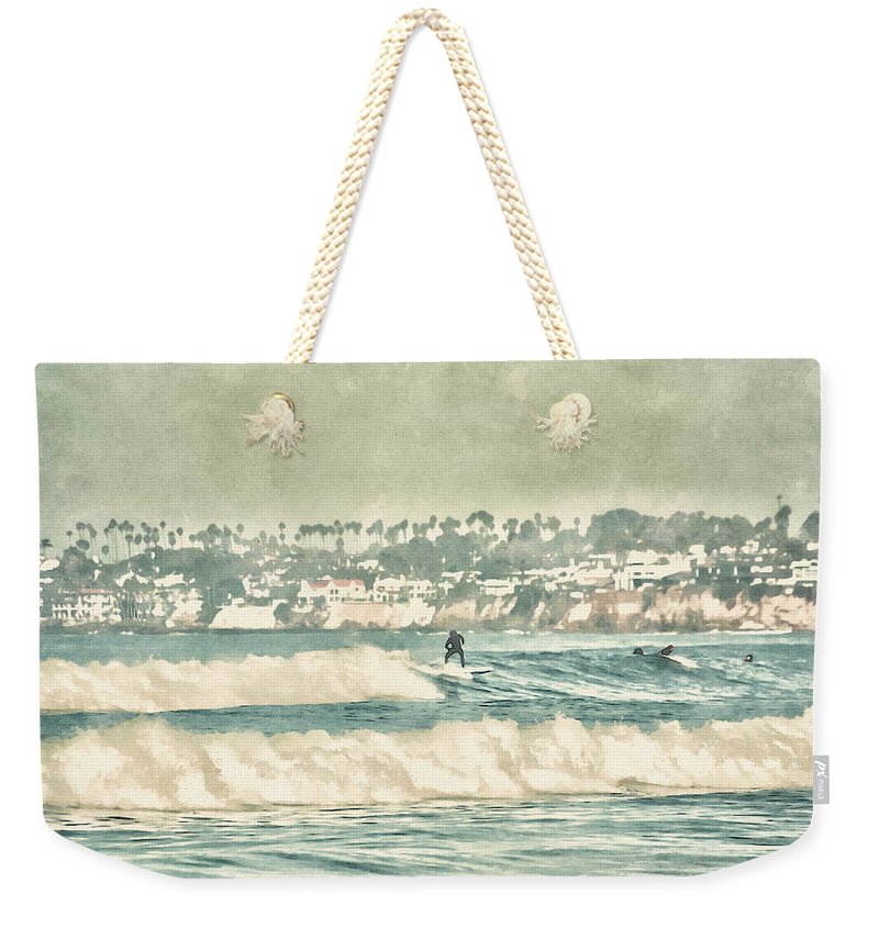 surfing the waves at mission beach ca weekender tote bag natural rope handles by jacqueline mb designs 
