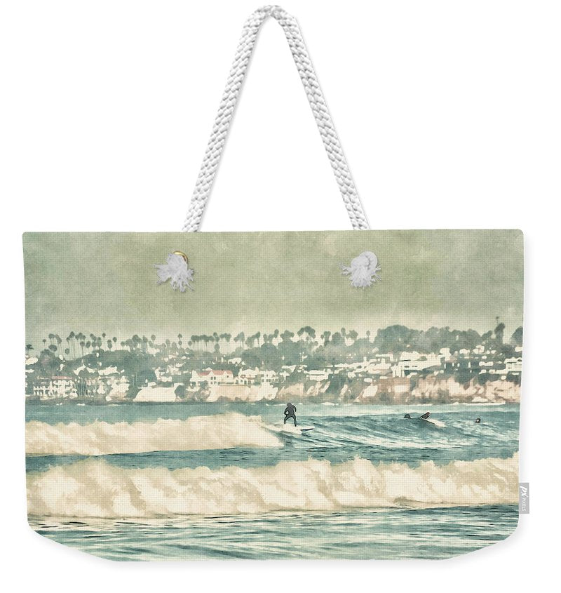 surfing the waves at mission beach ca weekender tote bag by jacqueline mb designs 